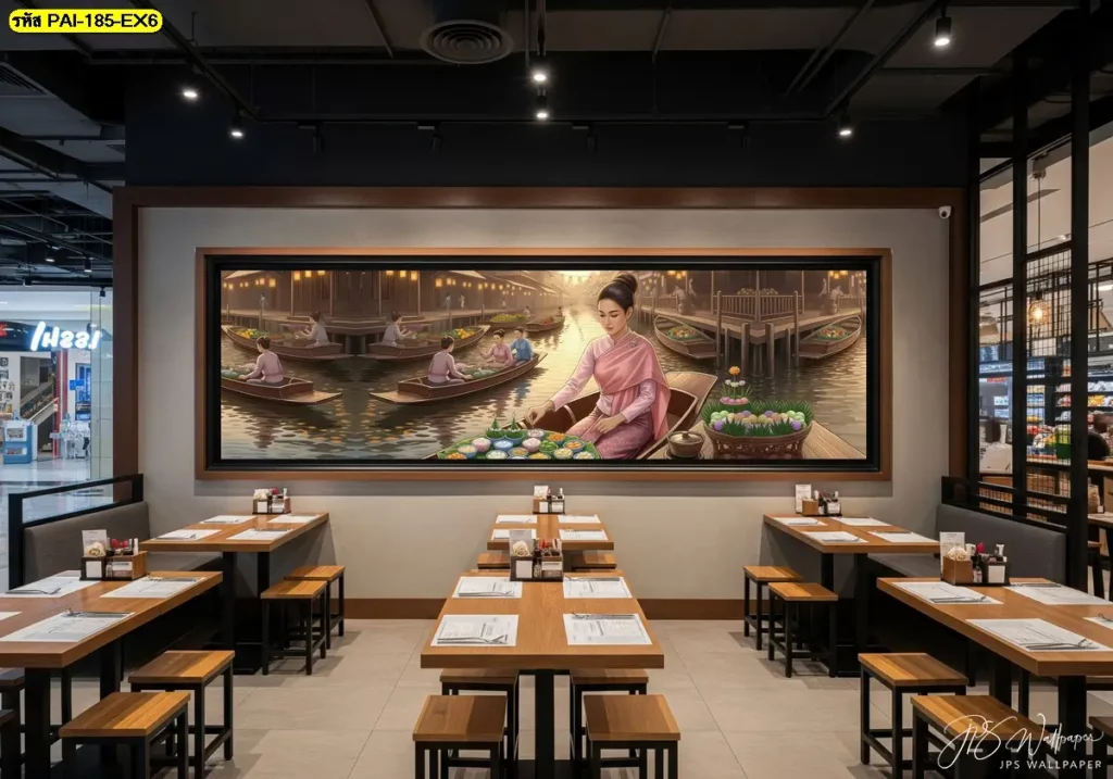 ภาพศิลปะวิถีชีวิตไทย แม่ค้าขายขนมไทยในตลาดน้ำ เหมาะสำหรับตกแต่งร้านอาหารไทย ร้านขนมไทย