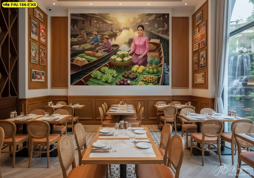 วอลเปเปอร์ภาพตลาดน้ำไทยแนววินเทจสำหรับตกแต่งร้านอาหาร รูปติดผนังร้านอาหารสวยๆ สื่อถึงวิถีชีวิตไทย