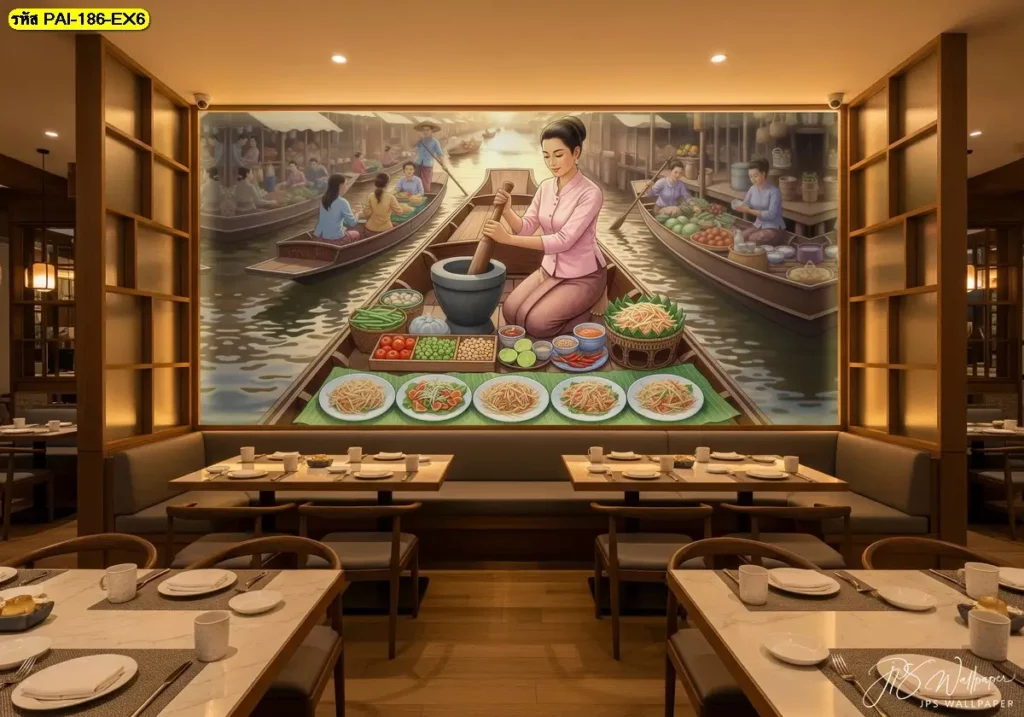 ภาพวาดตลาดน้ำวิถีไทย แสดงชีวิตเรียบง่ายในบรรยากาศร่วมสมัย
ภาพตกแต่งร้านอาหารอีสาน โทนไม้ธรรมชาติ เหมาะกับร้านอาหารไทย