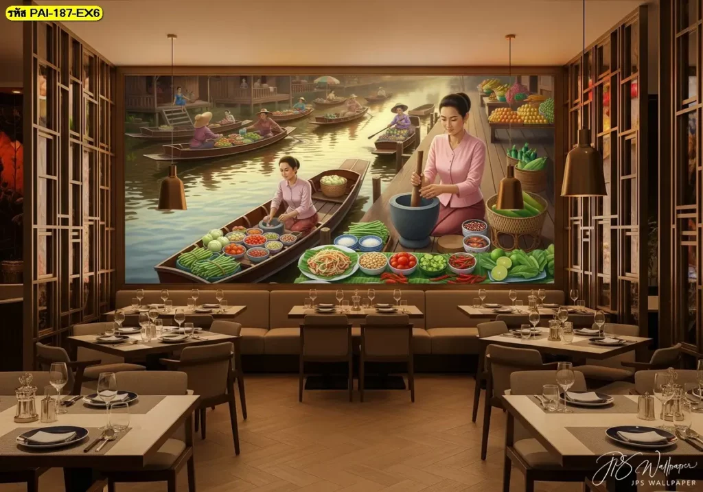 ภาพศิลปะไทยแนววินเทจตลาดน้ำ เติมกลิ่นอายไทยในร้านสไตล์โมเดิร์น
ภาพวาดแม่ค้าขายอาหารพื้นบ้านบนเรือ เพิ่มความมีชีวิตให้ผนังร้าน