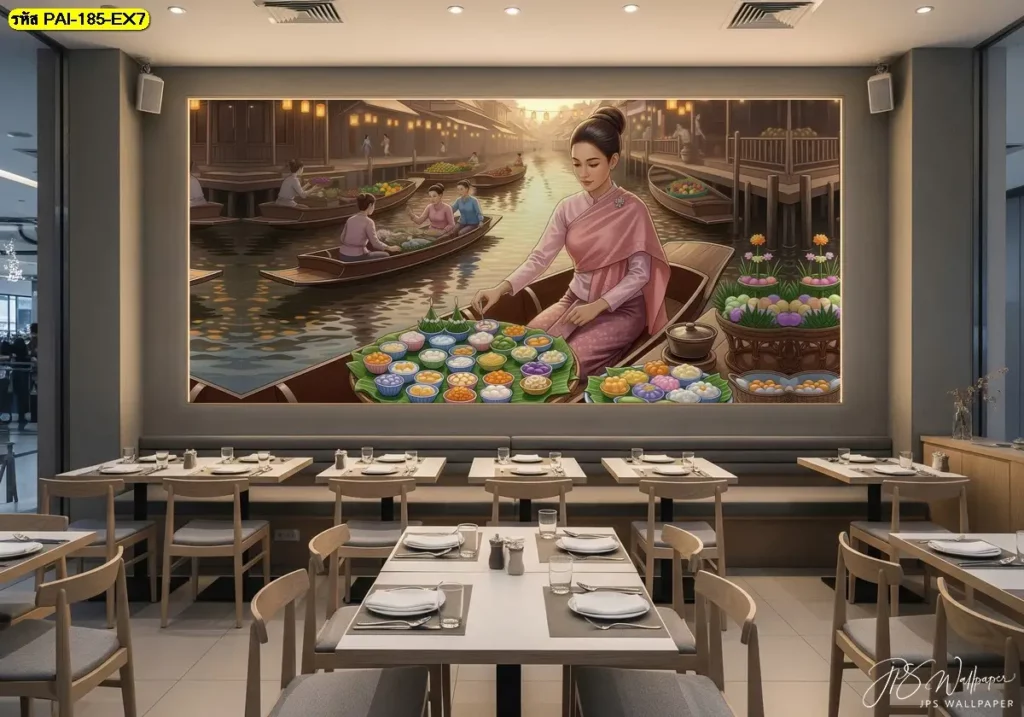ภาพศิลปะวิถีชีวิตไทยบนผนัง สร้างจุดเด่นให้ห้องอาหารไทยร่วมสมัยในเมือง เติมความอบอุ่นให้คาเฟ่ขนมไทยยุคใหม่