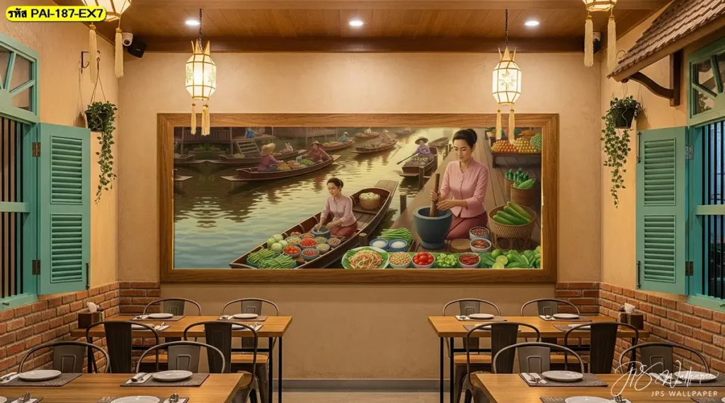 ภาพวาดคนไทยทำส้มตำในเรือไม้ เพิ่มสีสันให้ร้านอาหารไทยดูโดดเด่น
ภาพวาดอาหารอีสานโบราณแนววินเทจ สร้างบรรยากาศอบอุ่นแบบบ้านไทย