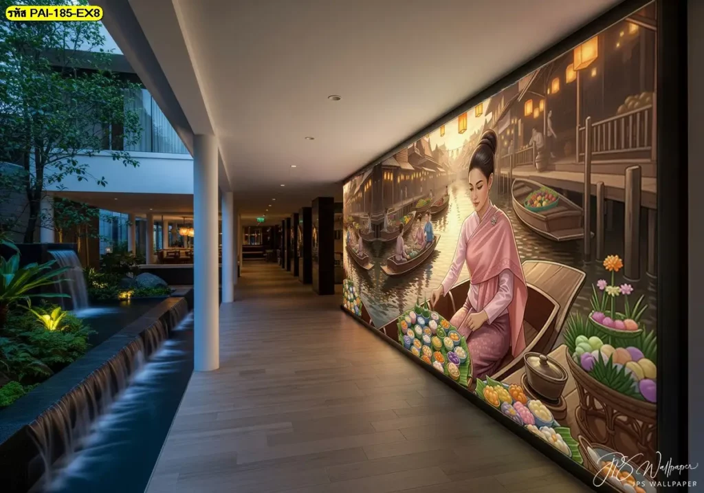 ภาพติดผนังลายแม่ค้าขายขนมไทยตลาดน้ำ สร้างความรู้สึกผ่อนคลายในรีสอร์ตหรู สร้างความสง่างามให้โรงแรมริมน้ำ