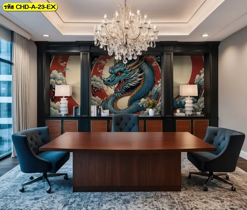 ภาพวาดมังกรเสริมฮวงจุ้ยห้องทำงานบนผนังหลักช่วยสร้างความมั่นใจและความคิดสร้างสรรค์ให้กับเจ้าของห้อง ทุกครั้งที่เข้ามาใช้พื้นที่นี้

