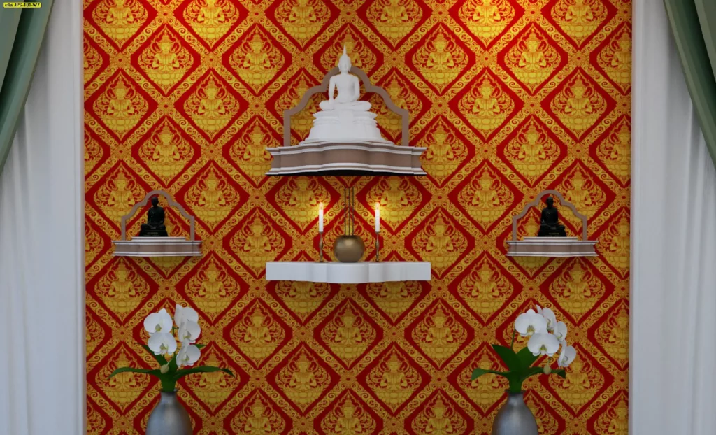 บริการติดตั้ง พื้นหลังไทยโบราณ ช่วยกำหนดอารมณ์ห้องพระให้สงบ เหมาะกับการสักการะ

