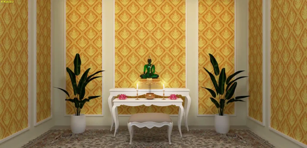 บริการตกแต่งด้วย พื้นหลังลายไทย แนว ตั้ง เหมาะกับผนังสูงในอาคารทางการและห้องพิธี
