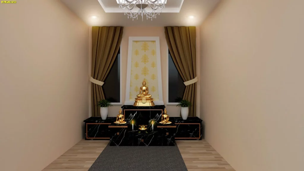 บริการติดตั้ง พื้นหลังลายไทย เพื่อยกระดับบรรยากาศห้องพระให้ดูมีมิติและน่าเคารพ พื้นหลังไทยโบราณ โทนสุภาพ เหมาะกับการตกแต่งห้องพระในบ้านใหม่หรือบ้านรีโนเวท