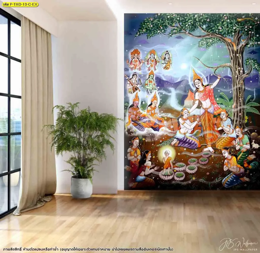 ภาพประกอบการติดตั้งวอลเปเปอร์ลายพุทธศิลป์ วันประสูติของพระพุทธเจ้า เพิ่มความสงบให้พื้นที่สวดมนต์ในวันวิสาขบูชา