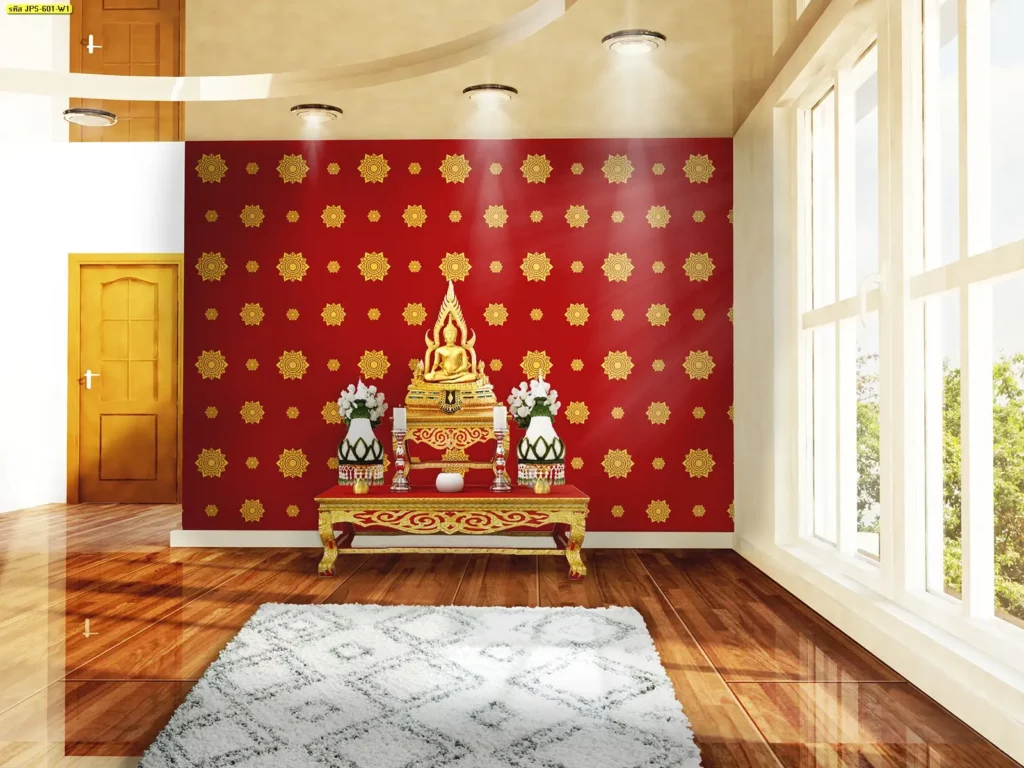 บริการตกแต่งห้องพระด้วย พื้นหลังลายไทย โบราณ เพิ่มความสงบและความสง่างามให้พื้นที่ พื้นหลังลายไทย โบราณ สำหรับผนังหลังพระประธาน พร้อมแนวทางจัดวางให้ดูเรียบร้อยและสมดุล

