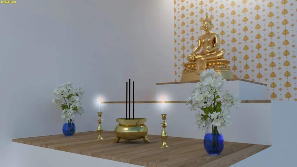 งานตกแต่งห้องพระด้วย พื้นหลังลายไทย เลือกลายให้เข้ากับแสงในห้องและโทนเฟอร์นิเจอร์
