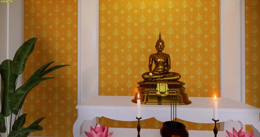 พื้นหลังลายไทย โบราณ ใช้เป็นฉากหลังห้องพระ ช่วยให้ภาพรวมดูเป็นระเบียบและกลมกลืน
