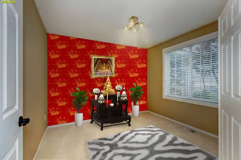 ภาพ พื้นหลังลายไทย แนวตั้ง จัดวางให้ผนังดูเป็นสัดส่วนและดูเป็นทางการมากขึ้น
