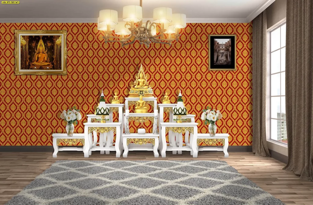 ภาพ พื้นหลังลายไทย พร้อมแนวทางคุมโทนสี ให้พื้นที่ดูสุขุมและเป็นทางการ บริการตกแต่งด้วย พื้นหลังลายไทย สวย ๆ ให้ศาลเจ้าดูโดดเด่นแบบพอดีในออฟฟิศ

