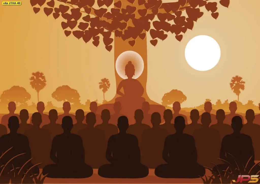 ภาพตกแต่งวันมาฆบูชา สำหรับบทความให้ความรู้เกี่ยวกับหลักโอวาทปาติโมกข์ ภาพประกอบวันมาฆบูชา โทนเรียบ เหมาะกับบทเรียนและสื่อการศึกษาทางศาสนา
