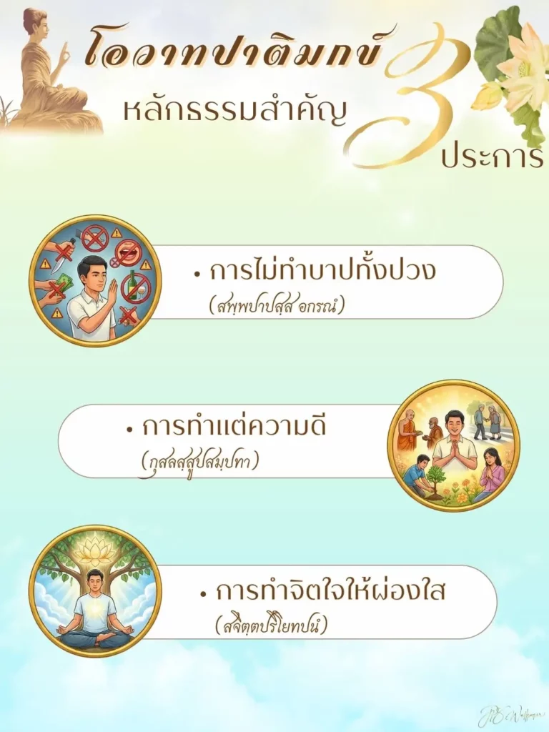 ภาพตกแต่งวันมาฆบูชา ใช้ประกอบเนื้อหาเรื่องโอวาทปาติโมกข์และหลักคำสอนสำคัญ
