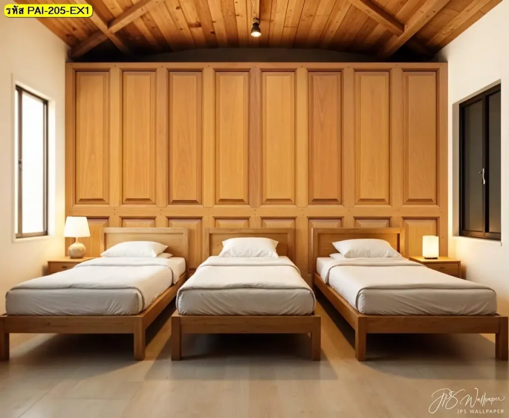 ภาพกรุผนังลายไม้ธรรมชาติรับพิมพ์ตามพื้นที่จริง พร้อมติดตั้งให้ลายไม้ต่อเนื่องทั้งผืนอย่างเป็นระบบ วอลเปเปอร์กรุผนังไม้รับพิมพ์และติดตั้ง เพื่อการตกแต่งผนังห้องสไตล์ไม้ที่ดูสงบและกลมกลืน
