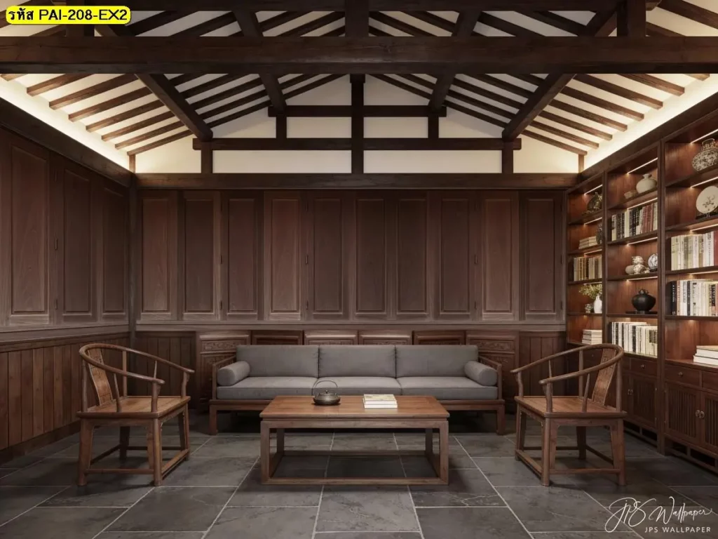 wood wallpaper for restaurant ลายไม้แนวตั้ง รับพิมพ์และบริการติดตั้ง ช่วยให้พื้นที่ดูเรียบร้อยและสมดุล
