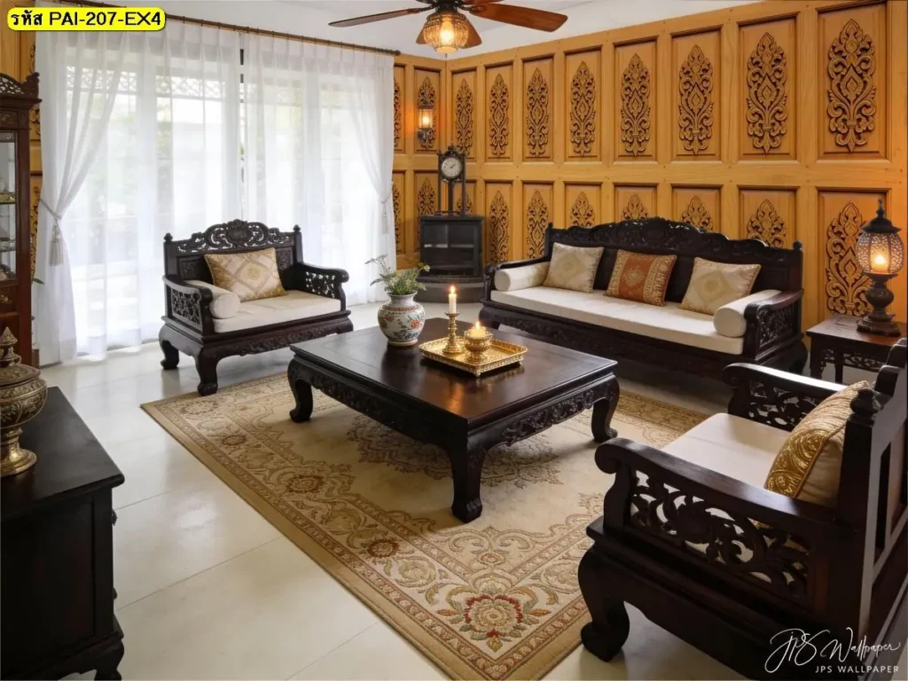 วอลเปเปอร์ไม้แนวตั้งแนวไทยร่วมสมัย รับพิมพ์พร้อมบริการติดตั้ง เป็นไอเดียแต่งผนังที่เรียบและมีมิติ ภาพติดผนังห้องลายกรุผนังลายไม้แบบมีมิติ รับพิมพ์ตามพื้นที่จริง พร้อมติดตั้งอย่างเป็นระบบ
