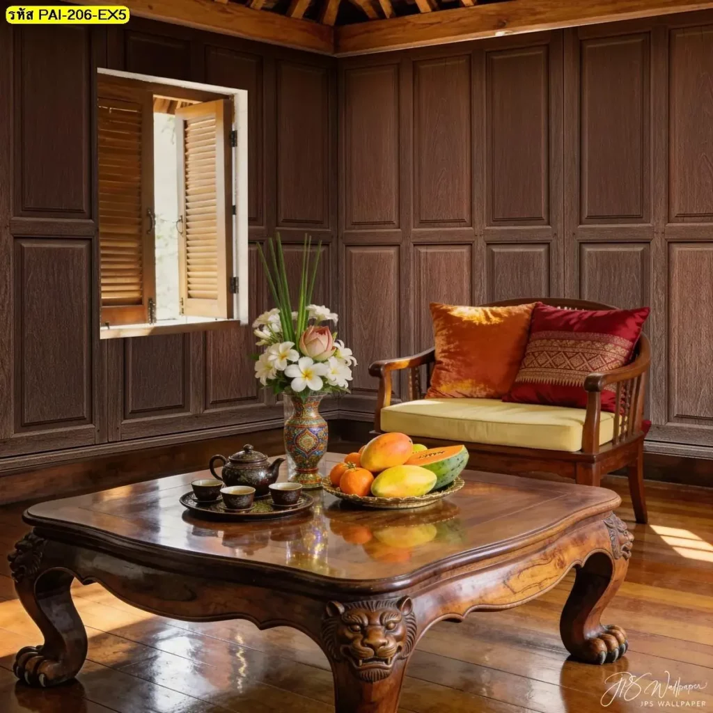 วอลเปเปอร์กรุผนังไม้รับพิมพ์และติดตั้ง เป็นไอเดียแต่งผนังที่ช่วยดึงสายตาขึ้นอย่างเป็นธรรมชาติ ภาพติดผนังลายไม้กรุผนังแนวตั้ง รับพิมพ์และบริการติดตั้ง เหมาะกับร้านอาหารและพื้นที่รับรอง
