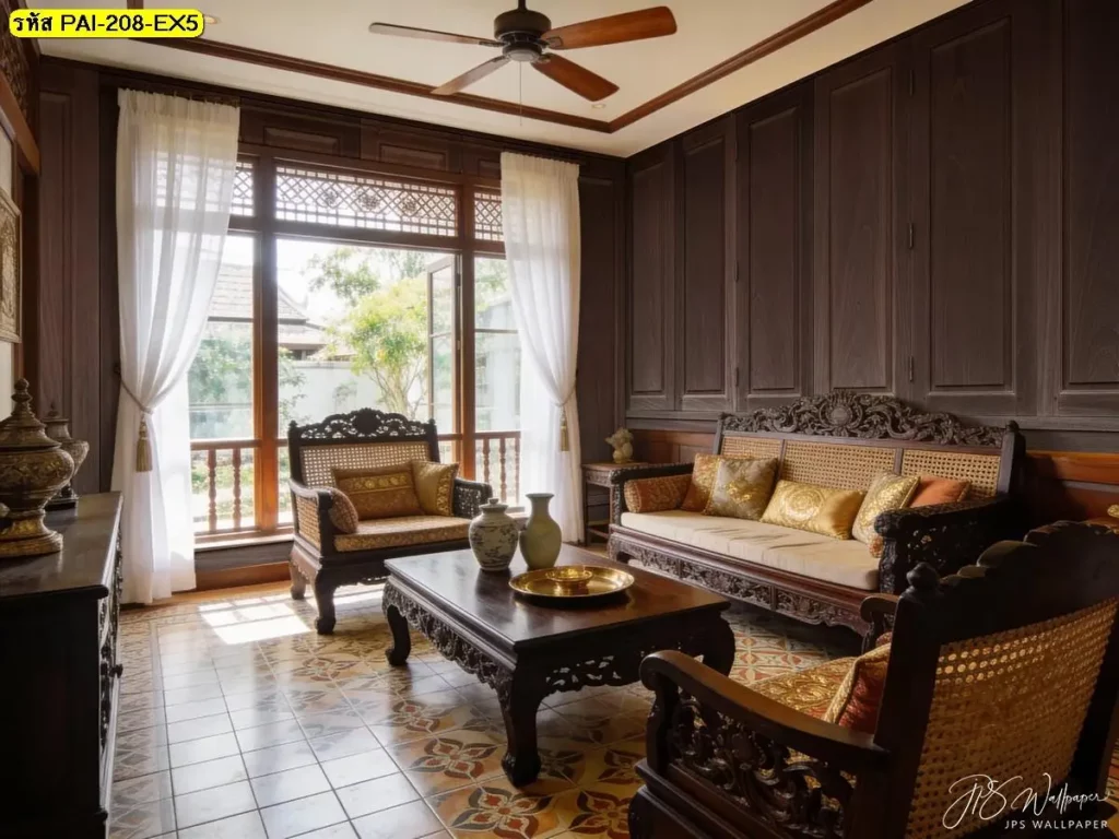 วอลเปเปอร์กรุผนังไม้ลายแนวตั้ง รับพิมพ์และติดตั้ง เป็นไอเดียแต่งผนังสำหรับร้านอาหารเพดานต่ำ
