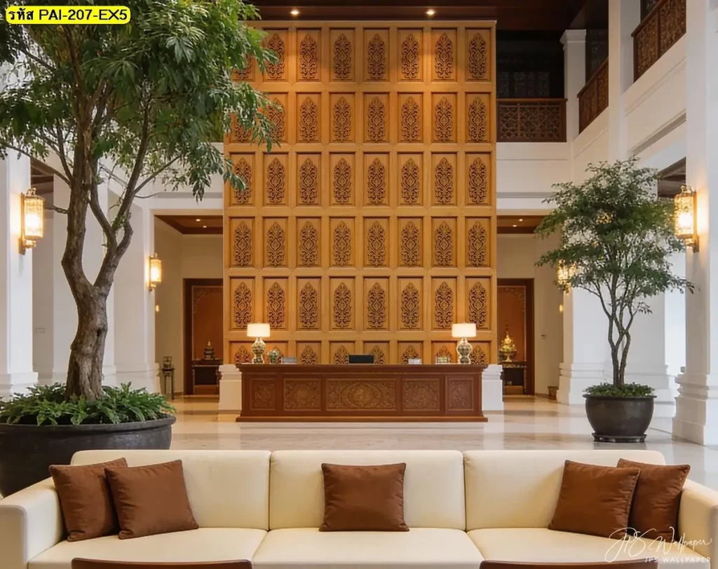 กรุผนังลายไม้แบบมีมิติในรูปแบบวอลเปเปอร์ไม้แนวตั้ง รับพิมพ์และบริการติดตั้งโดยไม่ต้องทำโครงจริง wood pattern wallpaper ลายไม้แนวตั้ง รับพิมพ์และติดตั้ง เป็นไอเดียแต่งผนังที่ให้เส้น เงา และมิติ
