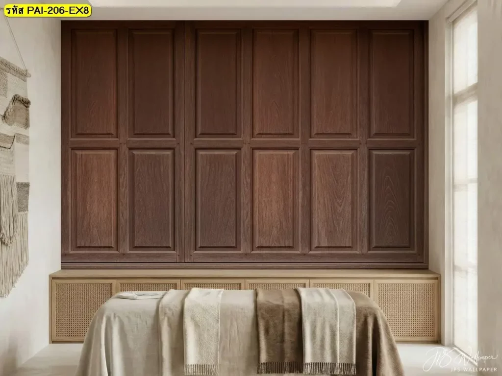 wood wallpaper for restaurant ลายไม้แนวตั้ง รับพิมพ์ตามพื้นที่ พร้อมติดตั้งให้ผนังดูสูงขึ้น วอลเปเปอร์กรุผนังไม้ลายแนวตั้ง รับพิมพ์และติดตั้ง ช่วยลดความอึดอัดของผนังกว้าง
