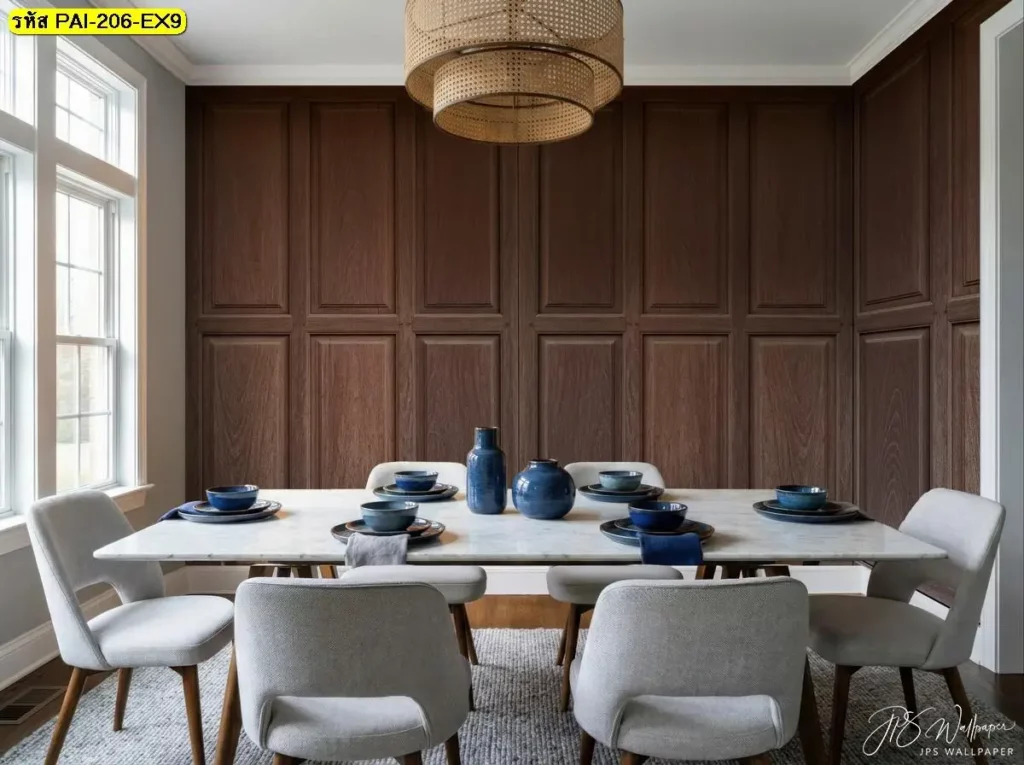 ภาพติดผนังลายไม้กรุผนัง รับพิมพ์และติดตั้ง เป็น wood wallpaper for restaurant ที่ดูเป็นสากล กรุผนังลายไม้ลายแนวตั้ง รับพิมพ์ตามพื้นที่จริง พร้อมบริการติดตั้งให้ผนังดูสมดุล
