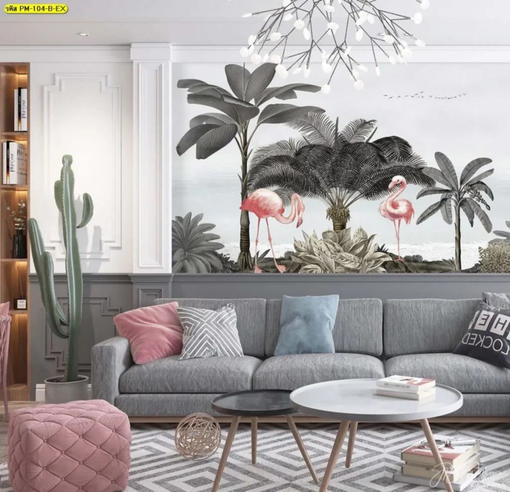 วอลเปเปอร์ฟลามิงโก้โทนชมพู ตกแต่งผนังห้องสไตล์โมเดิร์น