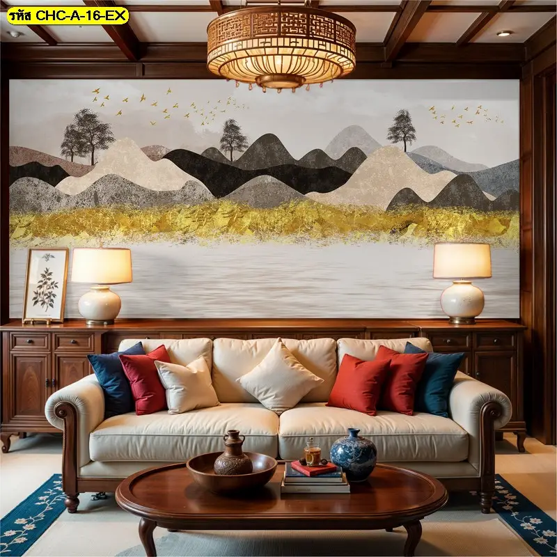 Chinese mountain wallpaper โทนทองดำ รับพิมพ์และติดตั้ง ช่วยให้วอลเปเปอร์วิวภูเขาพรีเมียมดูโดดเด่นบนผนังหลัก
