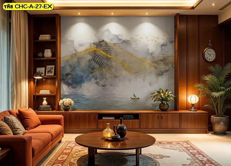 Chinese mountain wallpaper ลายภูเขาและหมอกโทนอุ่น รับพิมพ์และติดตั้ง เป็นวอลเปเปอร์วิวภูเขาพรีเมียม