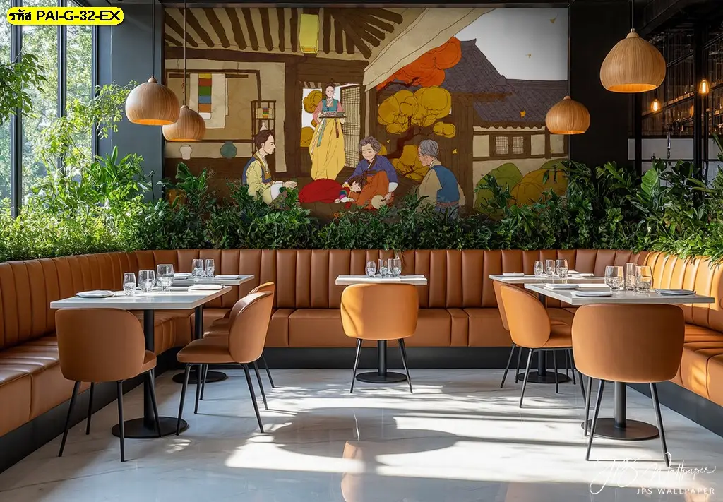 วอลเปเปอร์ร้านอาหารเกาหลีแนว Korean aesthetic รับพิมพ์และบริการติดตั้ง ช่วยให้ผนังเป็น Korean restaurant wall decor จากวอลเปเปอร์ลายภาพวาดเกาหลี