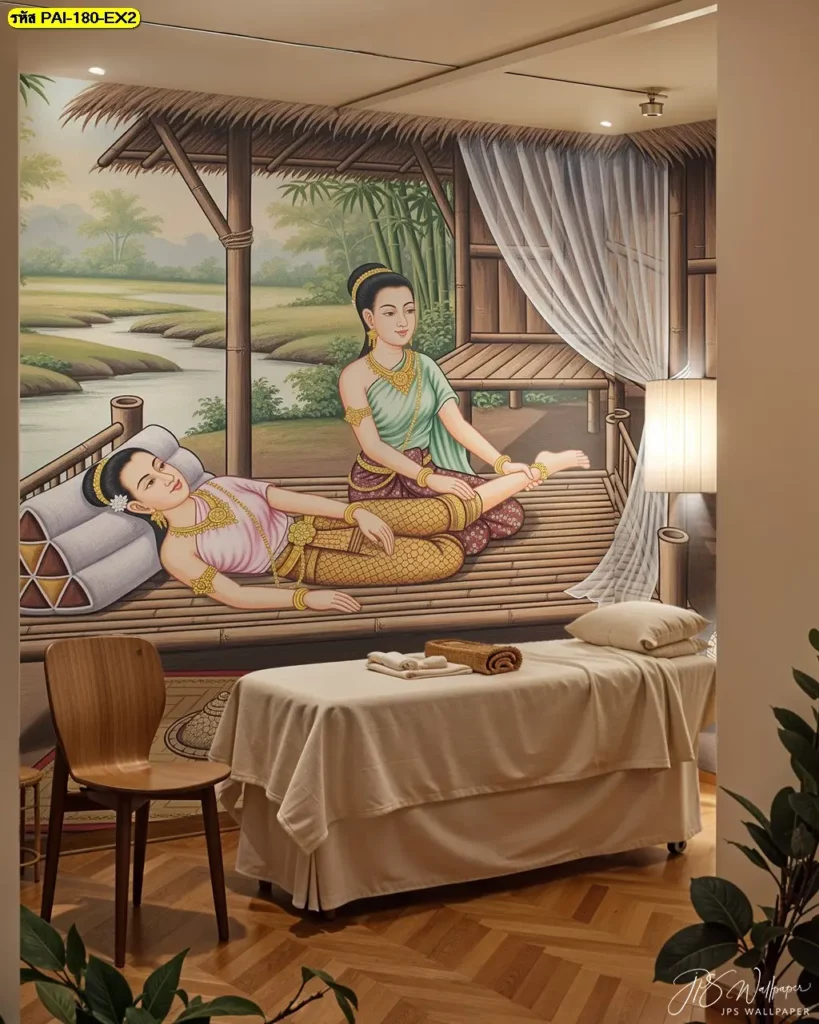 วอลเปเปอร์นวดแผนไทยโบราณ รับพิมพ์ตามพื้นที่จริง พร้อมติดตั้งให้ลวดลายกลมกลืนกับร้านสปา