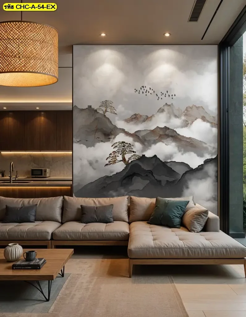 วอลเปเปอร์ลายภูเขาจีนโมเดิร์นลายเส้นทอง รับพิมพ์และบริการติดตั้ง เป็นไอเดียแต่งผนังสำหรับห้องรับแขก