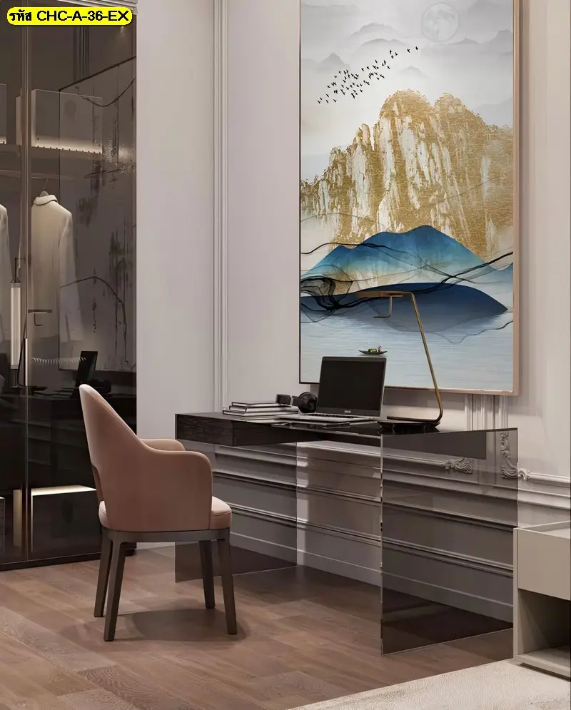 ภาพวาดภูเขาจีนแต่งผนังโทนเทา-ทอง รับพิมพ์ตามขนาดจริง พร้อมบริการติดตั้ง Chinese mountain wallpaper