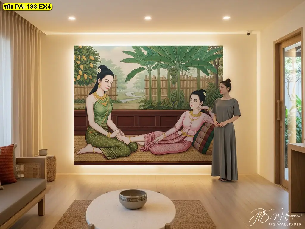 Thai spa wallpaper ลายนวดแผนไทยโบราณ รับพิมพ์และบริการติดตั้ง ช่วยให้บรรยากาศร้านดูอบอุ่นและผ่อนคลาย