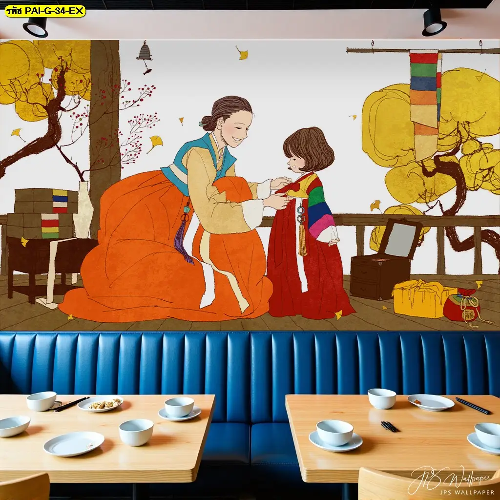 Korean restaurant wall decor แนวศิลป์เกาหลี รับพิมพ์และบริการติดตั้งวอลเปเปอร์ลายภาพวาดเกาหลี ใช้เป็นไอเดียแต่งผนังร้านอาหารเกาหลีได้ดี