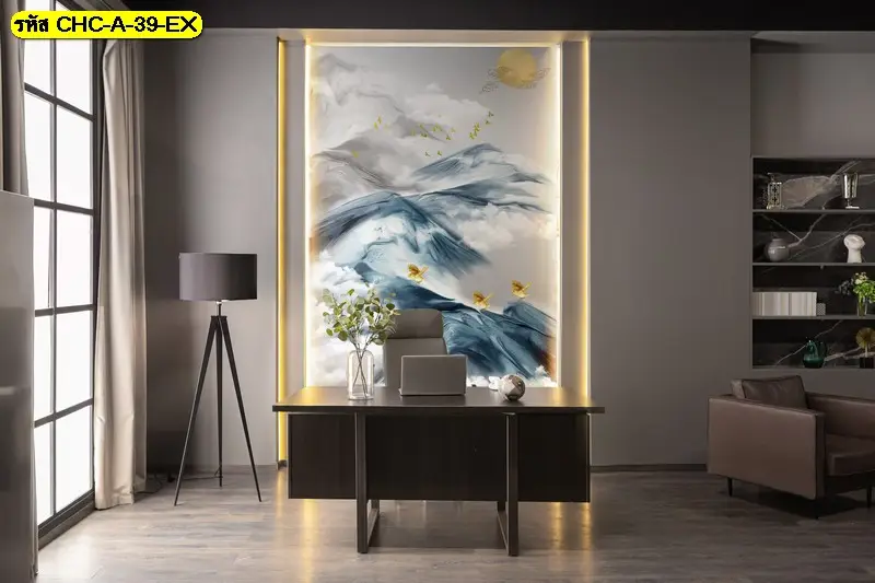 Chinese mountain wallpaper ลายภูเขาสีทองและหมอกเทา รับพิมพ์และบริการติดตั้ง เป็นไอเดียแต่งผนังที่ช่วยสร้างบรรยากาศสงบ