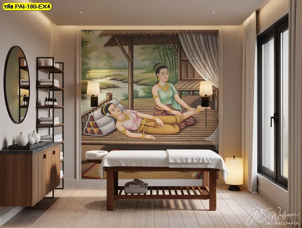 วอลเปเปอร์แต่งร้านสปา ลายนวดแผนไทยโบราณ รับพิมพ์และติดตั้ง เป็นไอเดียแต่งผนังที่ดูสุภาพและสบายตา
