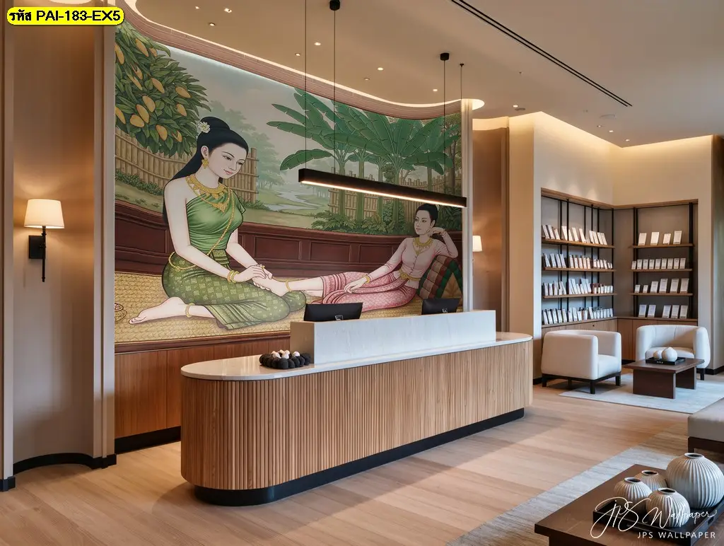 วอลเปเปอร์นวดแผนไทยโบราณ สำหรับร้านสปา รับพิมพ์และติดตั้ง ช่วยให้ผนังดูเรียบร้อย สะอาด และน่าเข้าใช้บริการ