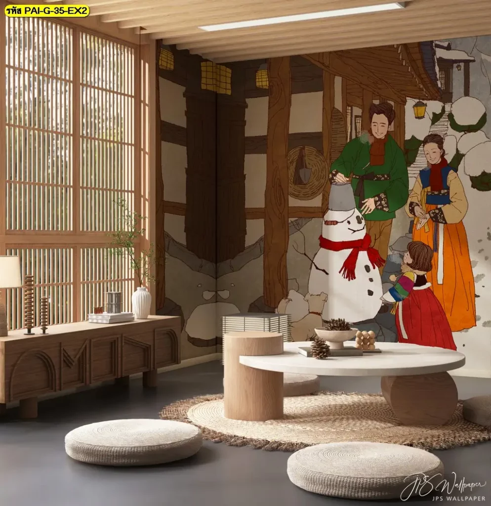 วอลเปเปอร์ร้านอาหารเกาหลีลายเมืองโซล รับพิมพ์และติดตั้ง พร้อมไอเดียแต่งผนัง Korean restaurant wall decor จากวอลเปเปอร์ลายภาพวาดเกาหลี