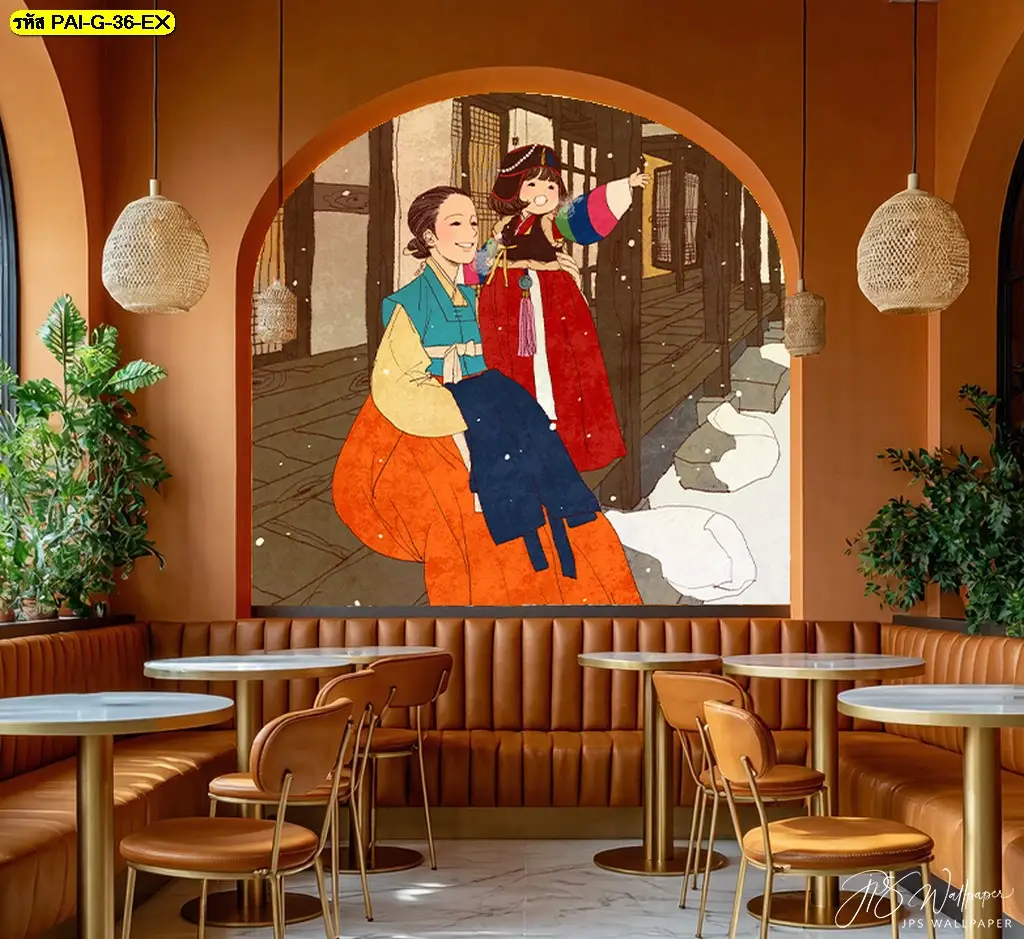 วอลเปเปอร์ลายภาพวาดเกาหลีโทนละมุน รับพิมพ์พร้อมติดตั้ง เป็นไอเดียแต่งผนังวอลเปเปอร์ร้านอาหารเกาหลีแบบ Korean restaurant wall decor