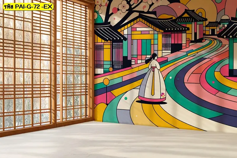 ภาพสไตล์เกาหลีร่วมสมัยแนว illustration รับพิมพ์และบริการติดตั้ง เป็น Korean aesthetic mural art สำหรับภาพแต่งผนังร้านอาหารเกาหลี