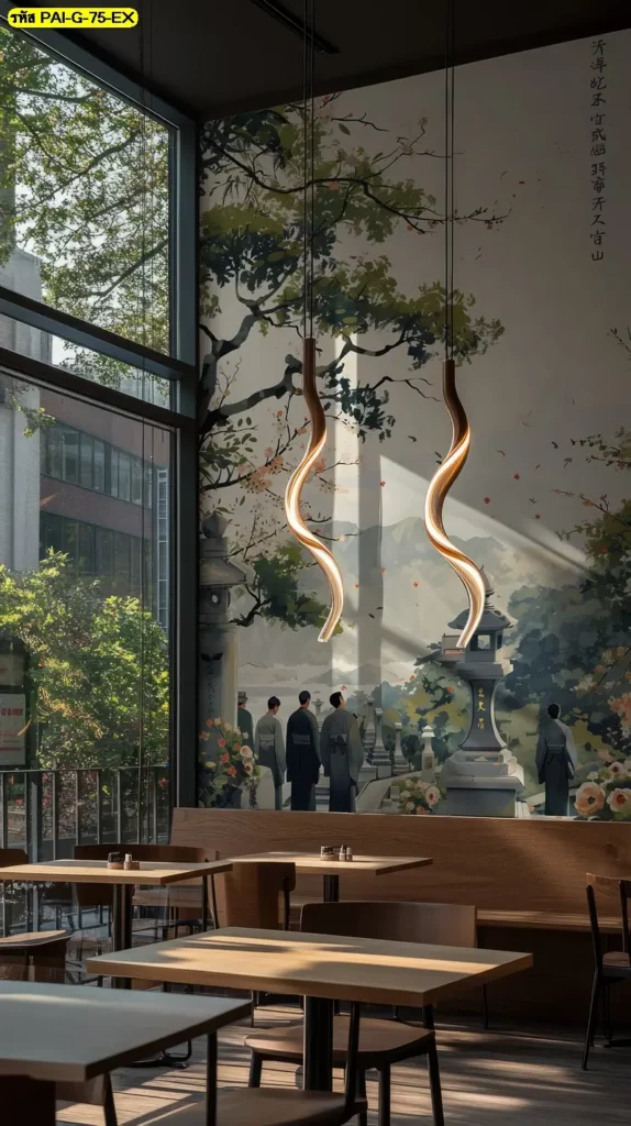 วอลเปเปอร์ร้านอาหารเกาหลีแนวศิลป์ร่วมสมัย รับพิมพ์และติดตั้ง เป็น Korean aesthetic mural art ที่ดูอบอุ่น