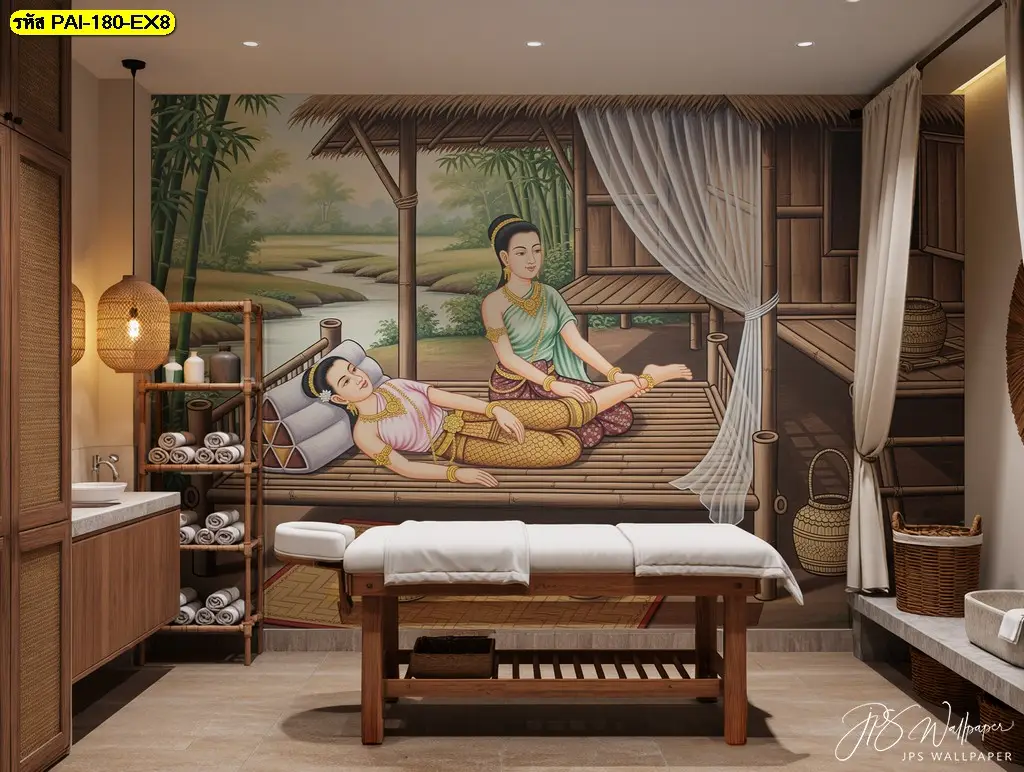 Thai spa wallpaper รับพิมพ์และบริการติดตั้ง ถ่ายทอดอัตลักษณ์นวดแผนไทยโบราณอย่างเรียบและไม่ซับซ้อน