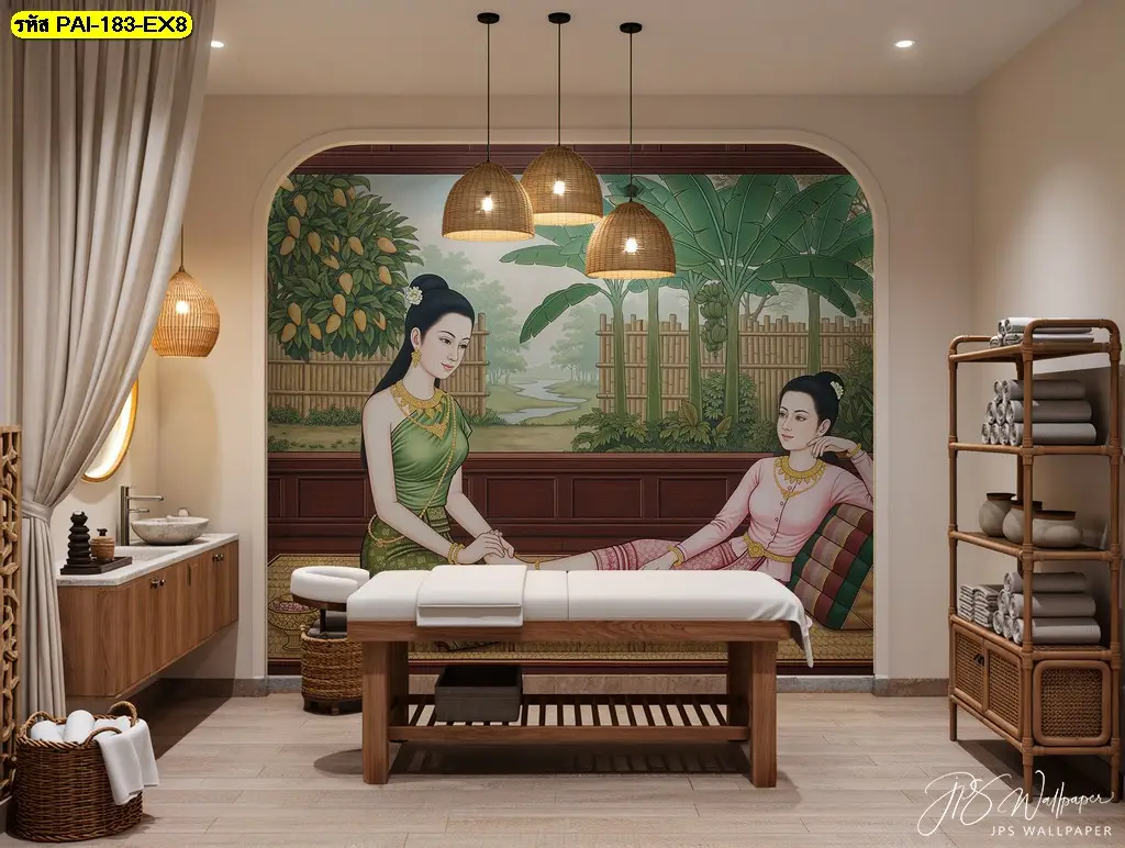 Thai spa wallpaper รับพิมพ์และติดตั้ง ถ่ายทอดลวดลายนวดแผนไทยโบราณให้ผนังร้านดูนุ่มและน่าไว้วางใจ