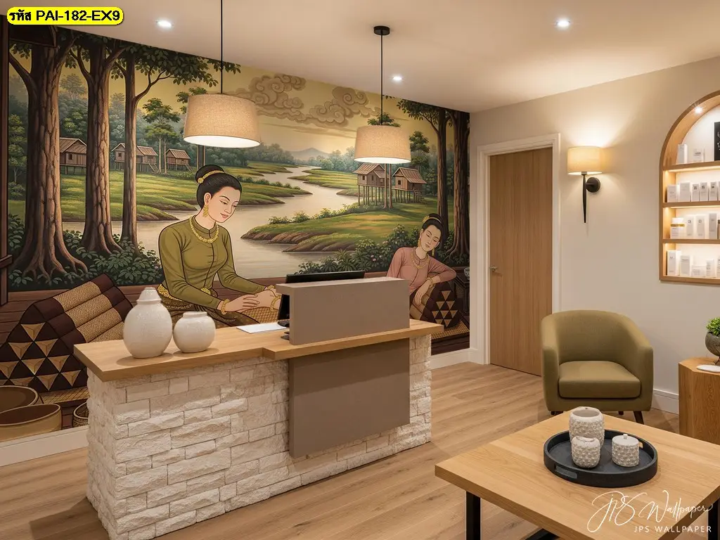 วอลเปเปอร์แต่งร้านสปา ลายไทยโบราณ รับพิมพ์และบริการติดตั้ง ช่วยลดความแข็งของผนังและเพิ่มความสบายตา