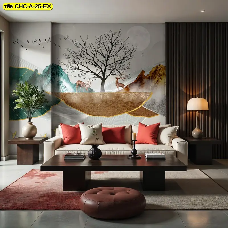 ภาพวาดภูเขาจีนแต่งผนังแนว Luxury Chinese mountain wallpaper รับพิมพ์ตามขนาดจริง พร้อมบริการติดตั้ง
