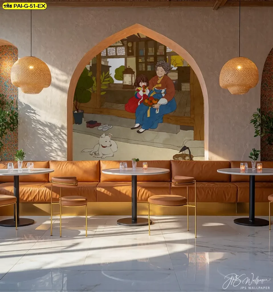 วอลเปเปอร์ลายภาพวาดเกาหลีแนวละมุน รับพิมพ์พร้อมบริการติดตั้ง เป็นวอลเปเปอร์ร้านอาหารเกาหลีที่ช่วยสร้าง Korean restaurant wall decor อย่างเป็นธรรมชาติ