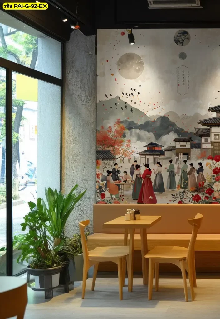 วอลเปเปอร์ร้านเหล้าเกาหลีแนวศิลป์เกาหลี รับพิมพ์ตามพื้นที่จริง พร้อมติดตั้ง Korean aesthetic mural art