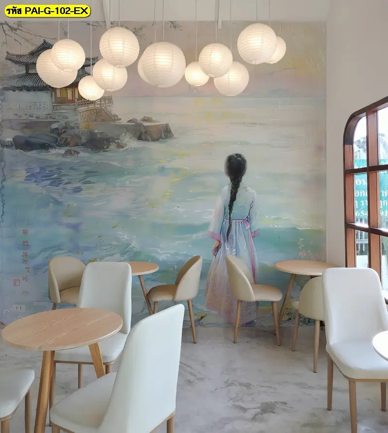 ภาพสไตล์เกาหลีร่วมสมัยโทนละมุน รับพิมพ์และติดตั้ง Korean aesthetic mural art สำหรับร้านอาหารเกาหลี